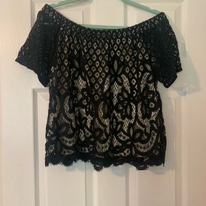 Stitch fix Jella C Black lace off the shoulder top light tan underlay
